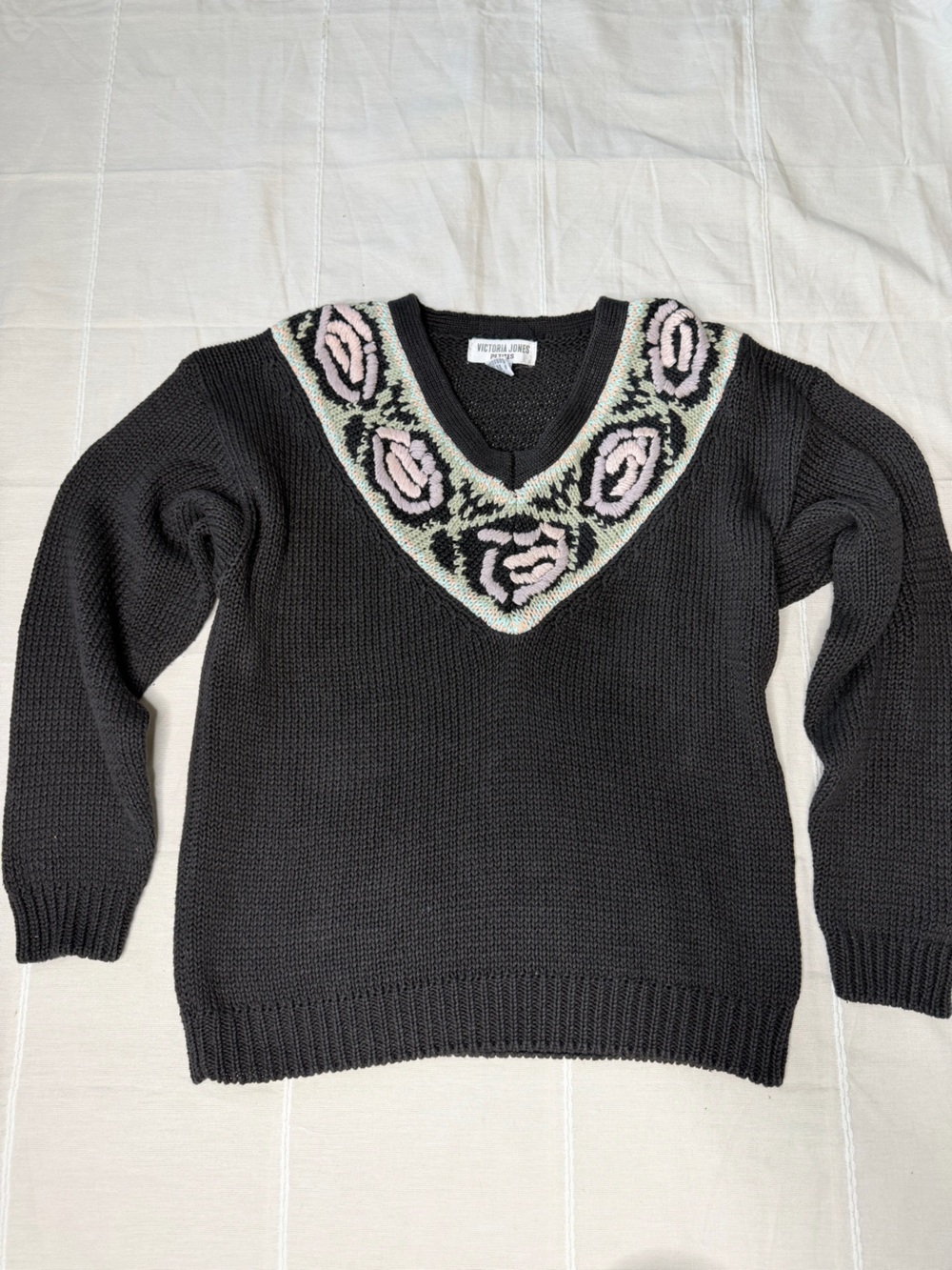 Victoria Jones Vintage Black Floral Yoke V-Neck Sweater - Unknown Brand
